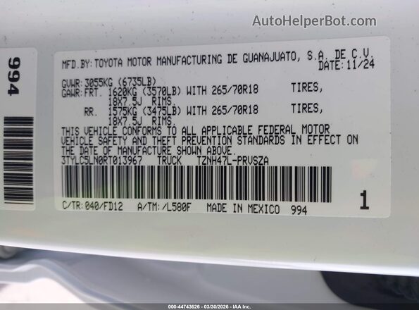 3TYLC5LN0RT013967 2024 TOYOTA TACOMA HYBRID Белый Вид подкапотного пространства