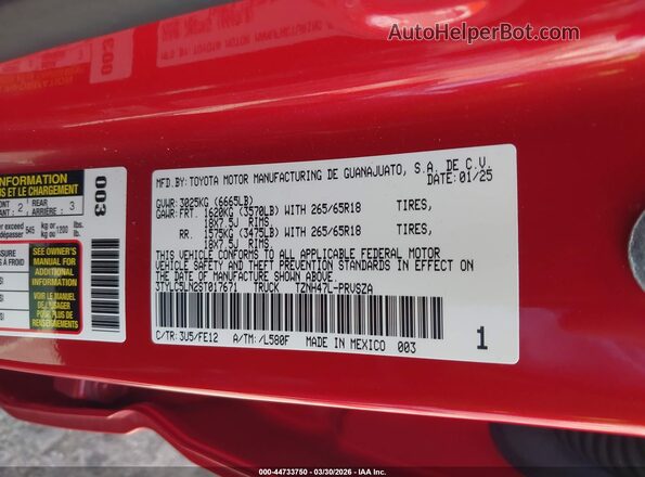 3TYLC5LN2ST017671 2025 TOYOTA TACOMA HYBRID Red ძრავის განყოფილების ხედი