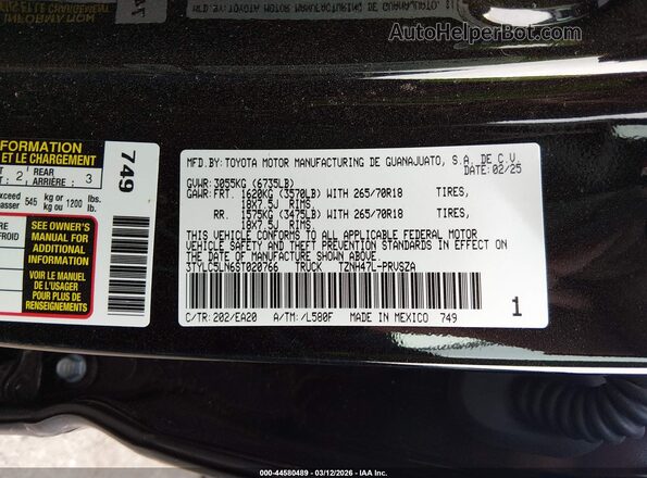 3TYLC5LN6ST020766 2025 TOYOTA TACOMA HYBRID Черный 