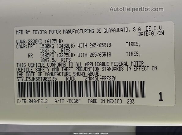 3TYLE5JN3RT002135 2024 TOYOTA TACOMA White Engine compartment view