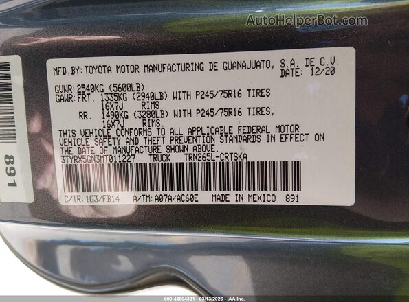 3TYRX5GN3MT011227 2021 TOYOTA TACOMA Серый 
