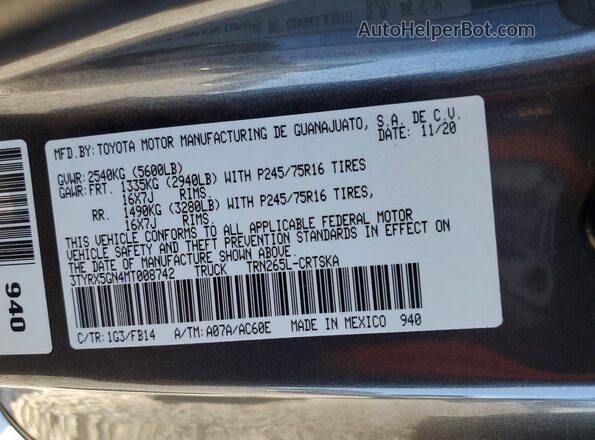 3TYRX5GN4MT008742 2021 TOYOTA TACOMA Gray Widok komory silnika