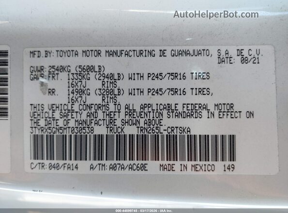 3TYRX5GN5MT030538 2021 TOYOTA TACOMA White Շարժիչի բաժամունքի տեսք