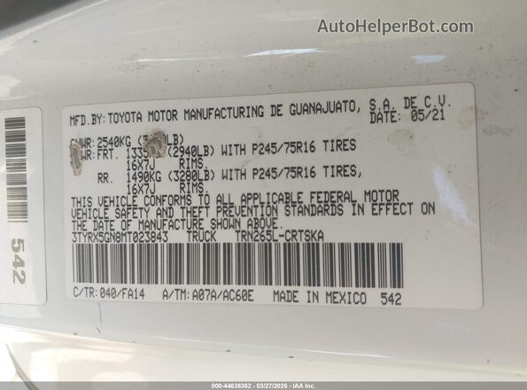 3TYRX5GN8MT023843 2021 TOYOTA TACOMA White Շարժիչի բաժամունքի տեսք