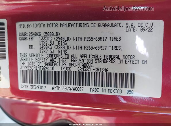 3TYRZ5CN1NT024110 2022 TOYOTA TACOMA Red Շարժիչի բաժամունքի տեսք