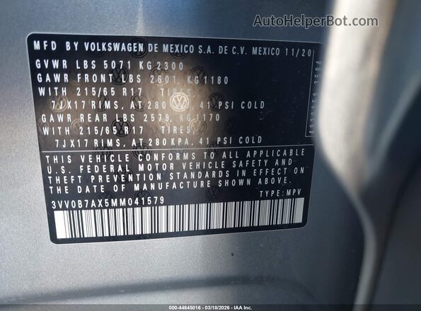 3VV0B7AX5MM041579 2021 VOLKSWAGEN TIGUAN Gray Вид підкапотного простору