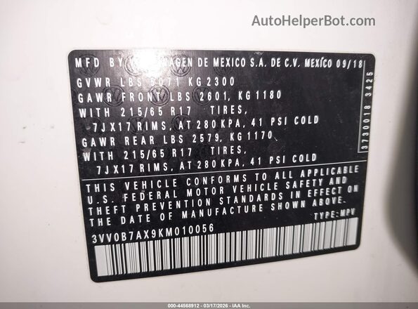 3VV0B7AX9KM010056 2019 VOLKSWAGEN TIGUAN White 