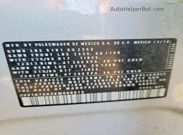 3VV1B7AX3KM068913 2019 VOLKSWAGEN TIGUAN Silver 
