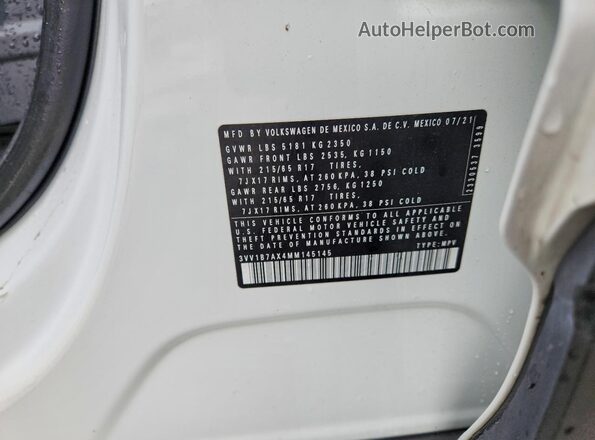 3VV1B7AX4MM145145 2021 VOLKSWAGEN TIGUAN White VIN կոդի պիտակի տեսք