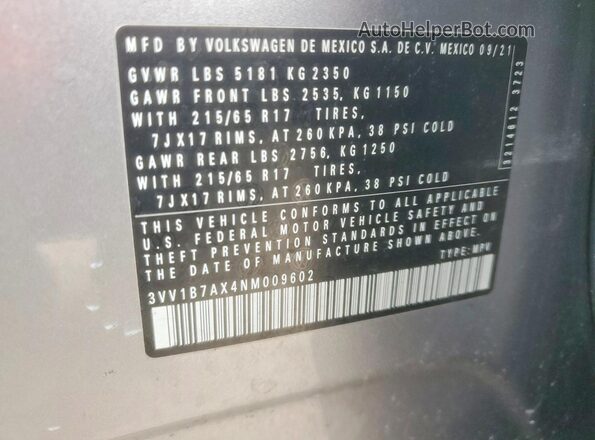 3VV1B7AX4NM009602 2022 VOLKSWAGEN TIGUAN Gray 360 interior view