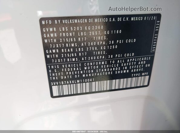 3VV1B7AX6LM110041 2020 VOLKSWAGEN TIGUAN White Vista del compartimento del motor