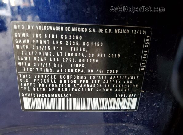 3VV1B7AX6MM056807 2021 VOLKSWAGEN TIGUAN Blue VIN კოდის სტიკერის ხედი
