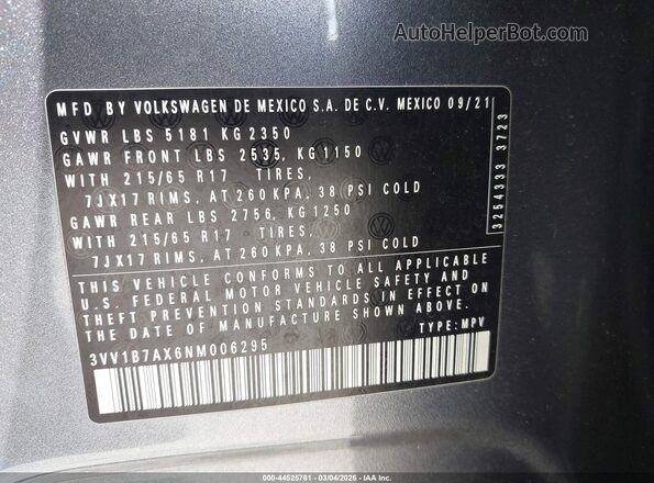 3VV1B7AX6NM006295 2022 VOLKSWAGEN TIGUAN Gray Vista del compartimento del motor
