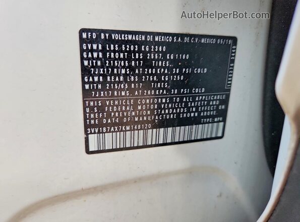 3VV1B7AX7KM148120 2019 VOLKSWAGEN TIGUAN White 