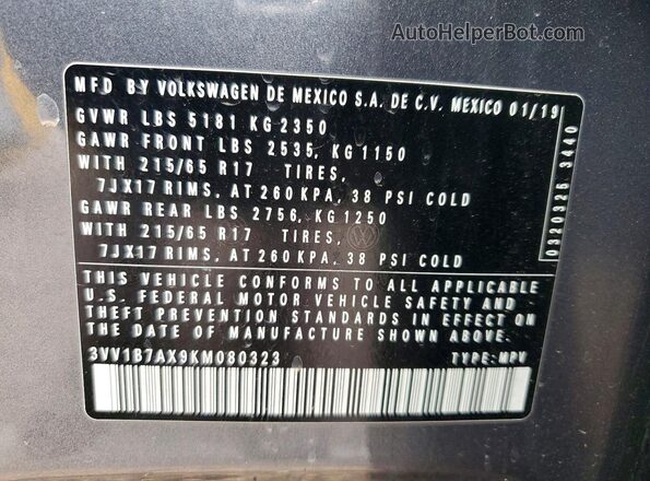 3VV1B7AX9KM080323 2019 VOLKSWAGEN TIGUAN Gray 