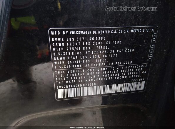 3VV2B7AX0KM079260 2019 VOLKSWAGEN TIGUAN Black ძრავის განყოფილების ხედი