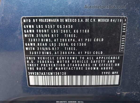 3VV2B7AX1KM136128 2019 VOLKSWAGEN TIGUAN Blue 
