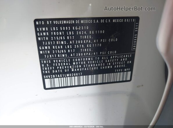 3VV2B7AX1LM026617 2020 VOLKSWAGEN TIGUAN White 