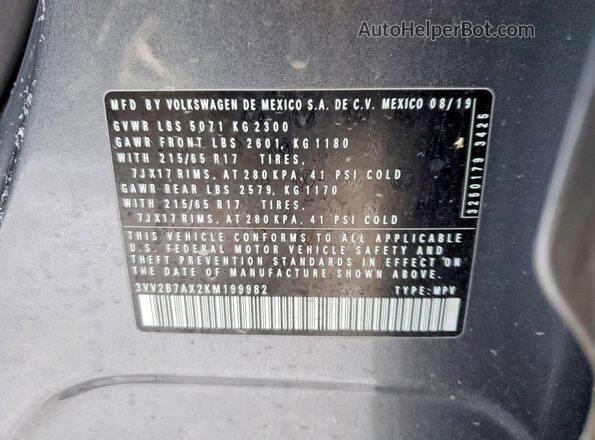 3VV2B7AX2KM199982 2019 VOLKSWAGEN TIGUAN Gray 