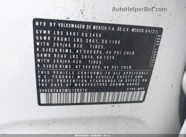 3VV2B7AX2MM128218 2021 VOLKSWAGEN TIGUAN White Widok komory silnika