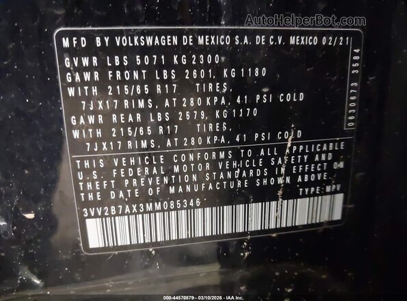 3VV2B7AX3MM085346 2021 VOLKSWAGEN TIGUAN Black Շարժիչի բաժամունքի տեսք