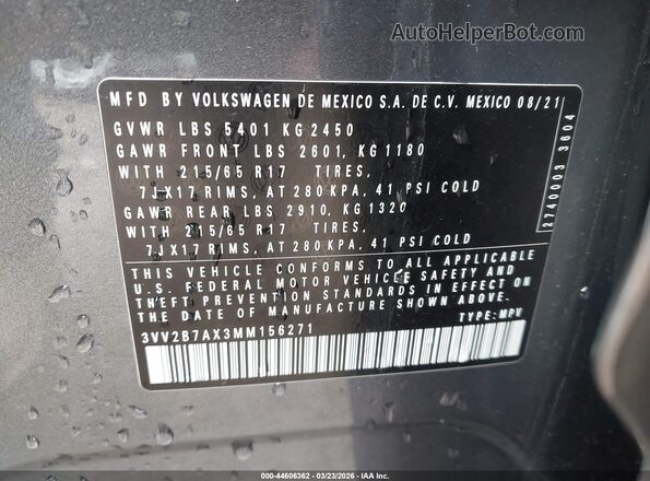 3VV2B7AX3MM156271 2021 VOLKSWAGEN TIGUAN Gray Vista del compartimento del motor