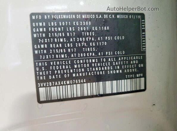 3VV2B7AX4KM076944 2019 VOLKSWAGEN TIGUAN White 