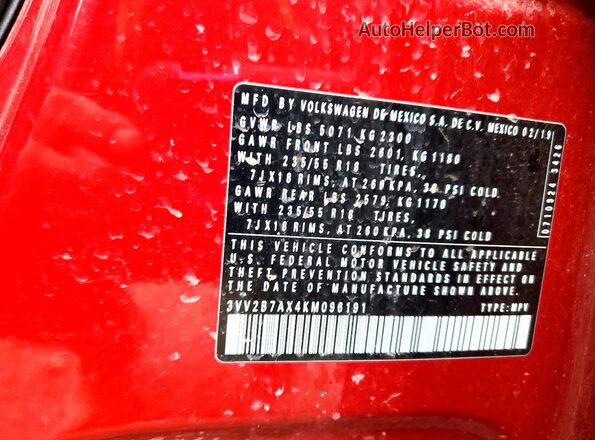 3VV2B7AX4KM096191 2019 VOLKSWAGEN TIGUAN Red 