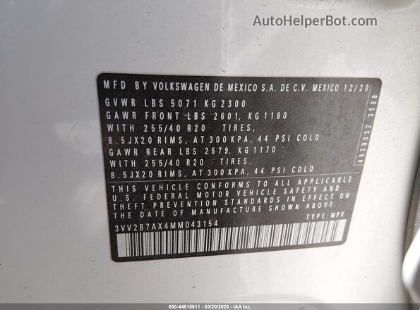 3VV2B7AX4MM043154 2021 VOLKSWAGEN TIGUAN White Շարժիչի բաժամունքի տեսք