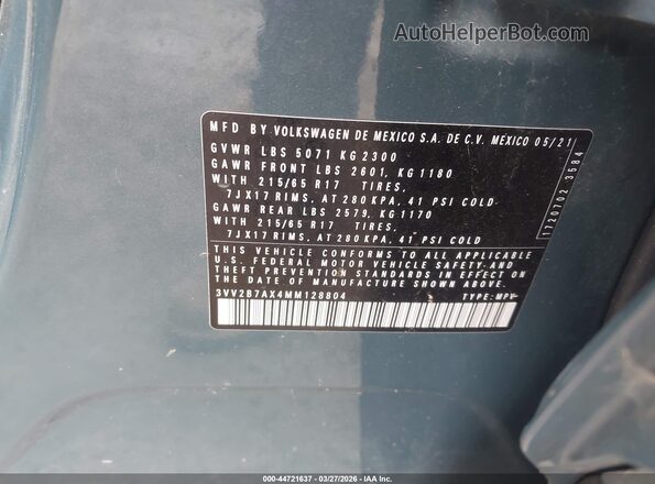 3VV2B7AX4MM128804 2021 VOLKSWAGEN TIGUAN Blue Вид підкапотного простору