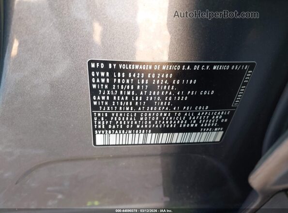 3VV2B7AX5JM163816 2018 VOLKSWAGEN TIGUAN Gray 