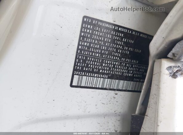 3VV2B7AX5KM049400 2019 VOLKSWAGEN TIGUAN White 