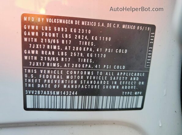 3VV2B7AX5KM143244 2019 VOLKSWAGEN TIGUAN White 