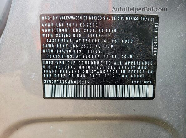 3VV2B7AX5MM029215 2021 VOLKSWAGEN TIGUAN Gray VIN კოდის სტიკერის ხედი
