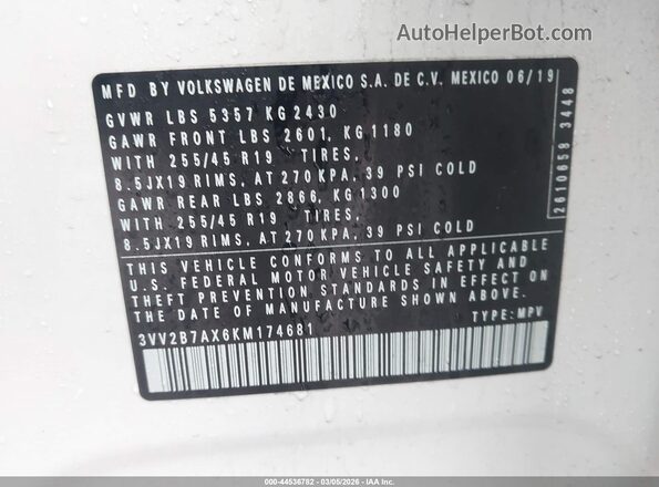 3VV2B7AX6KM174681 2019 VOLKSWAGEN TIGUAN White 
