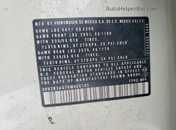 3VV2B7AX7RM005103 2024 VOLKSWAGEN TIGUAN White VIN sticker view