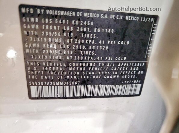 3VV2B7AX8MM043867 2021 VOLKSWAGEN TIGUAN White Engine compartment view