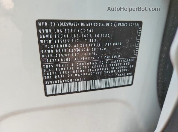 3VV2B7AX9KM060156 2019 VOLKSWAGEN TIGUAN White 