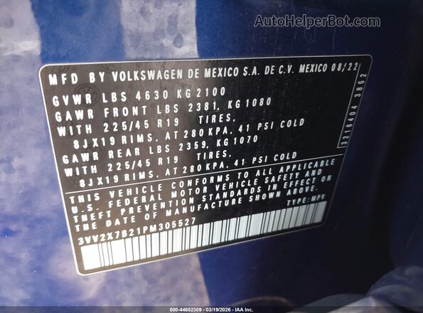 3VV2X7B21PM305527 2023 VOLKSWAGEN TAOS Blue Widok komory silnika