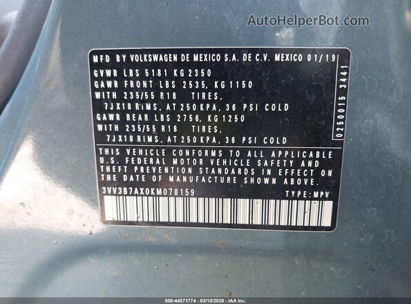 3VV3B7AX0KM078159 2019 VOLKSWAGEN TIGUAN Blue 