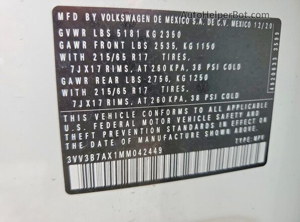 3VV3B7AX1MM042449 2021 VOLKSWAGEN TIGUAN White Vista de la etiqueta del VIN