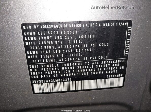 3VV3B7AX2LM063373 2020 VOLKSWAGEN TIGUAN Silver 