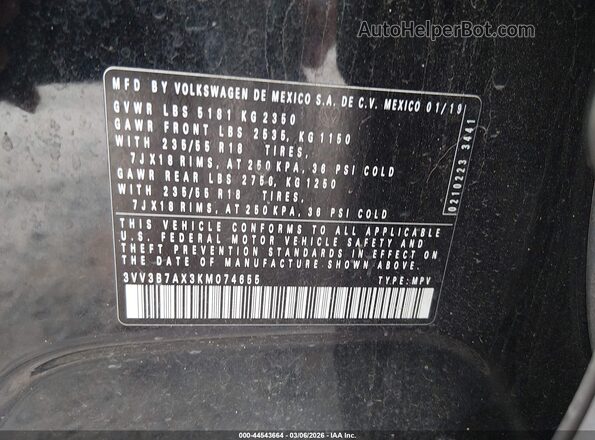 3VV3B7AX3KM074655 2019 VOLKSWAGEN TIGUAN Black Widok komory silnika