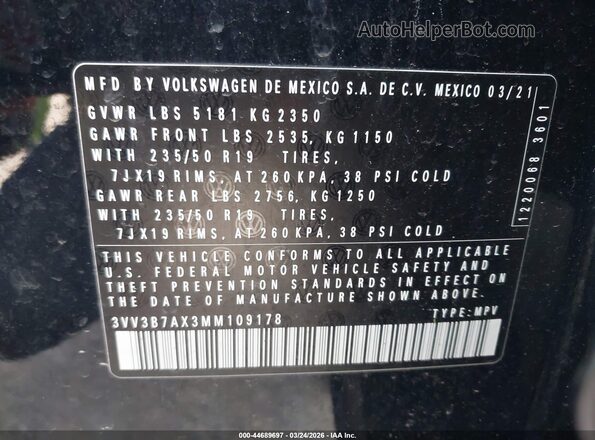 3VV3B7AX3MM109178 2021 VOLKSWAGEN TIGUAN Black Vista del compartimento del motor