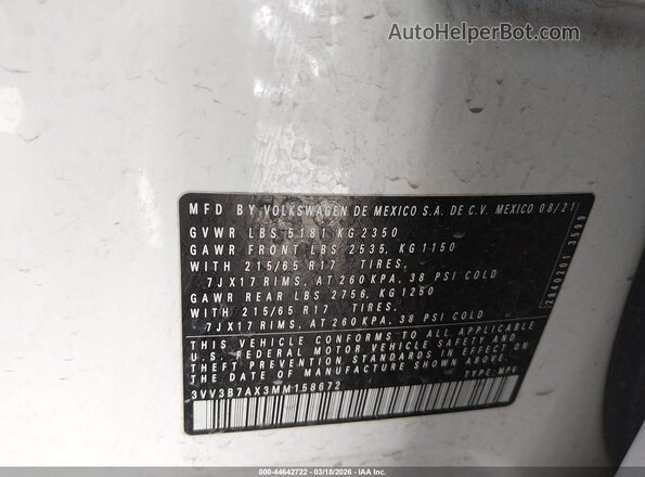 3VV3B7AX3MM158672 2021 VOLKSWAGEN TIGUAN White 