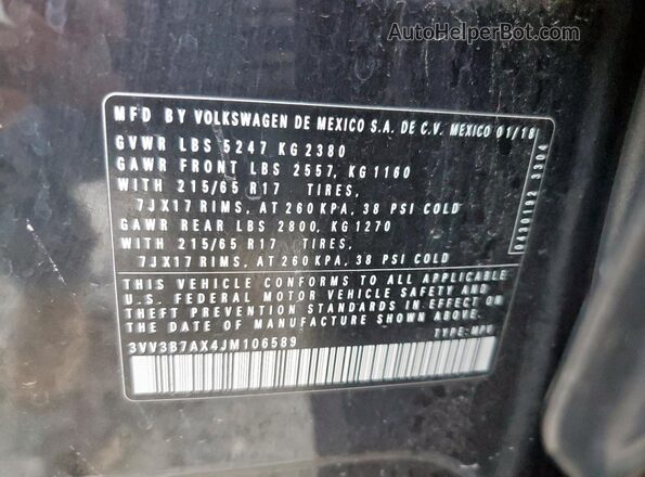 3VV3B7AX4JM106589 2018 VOLKSWAGEN TIGUAN Black VIN კოდის სტიკერის ხედი