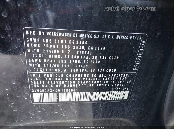 3VV3B7AX4KM178555 2019 VOLKSWAGEN TIGUAN Black 