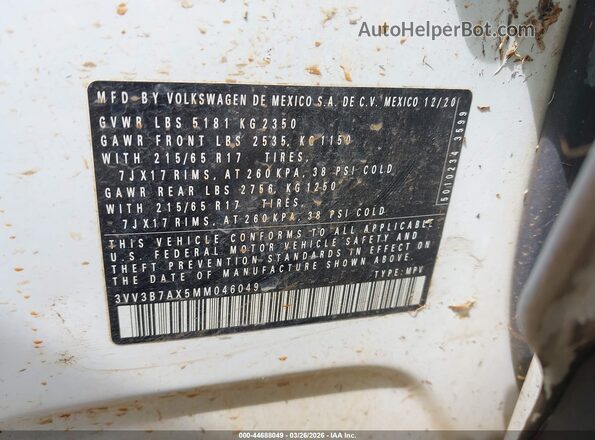 3VV3B7AX5MM046049 2021 VOLKSWAGEN TIGUAN Белый Вид подкапотного пространства