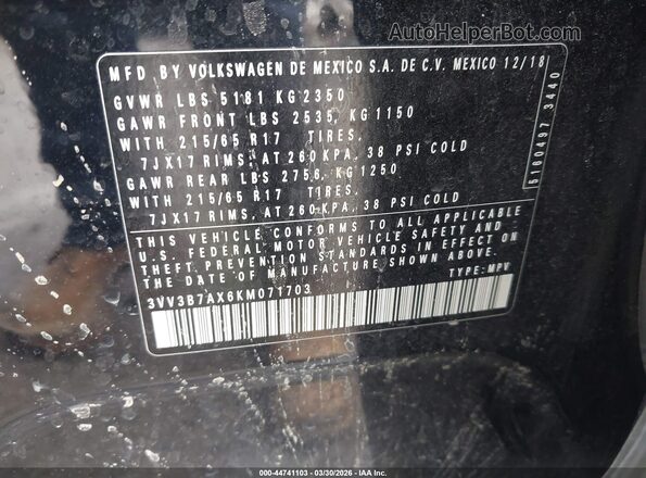 3VV3B7AX6KM071703 2019 VOLKSWAGEN TIGUAN Черный 