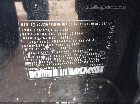 3VV3B7AX6LM004195 2020 VOLKSWAGEN TIGUAN Black 